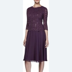 Alex Evenings Purple Lace Sequins Chiffon Tea Length 3/4 Sleeve Dress Size 14
